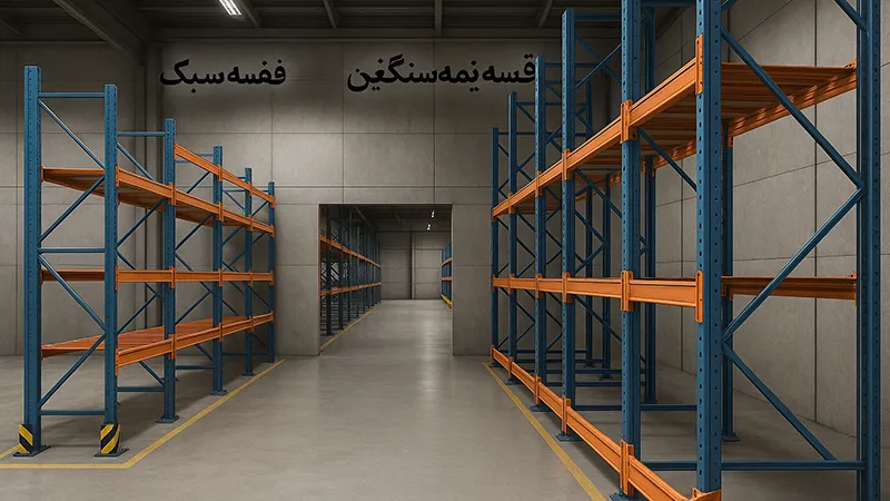 بررسی کامل تفاوت قفسههای سبک، نیمهسنگین و سنگین در انبارها + راهنمای انتخاب قفسه مناسب 3 قفسه نیمه سنگین