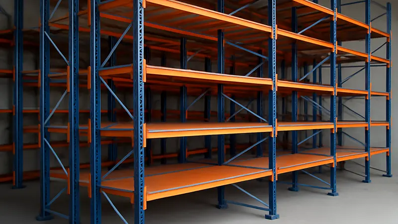 قفسه‌های ذخیره‌سازی صنعتی با ساختار فلزی نارنجی و آبی در انبار بزرگ، با نور طبیعی و سقف بلند، ایجاد کنتراست واضح با محیط خاکستری